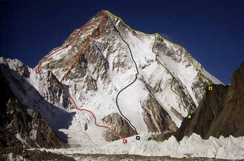 
K2 South and Southwest Faces And Climbing Routes: 1. Japanese/Pakistani route 1981, 2. Polish Route 1986, 3. Kukuczka-Piotrowski route 1986, 4. Cesen route 1986 to the shoulder, 5. Italian route 1954 Abruzzi Ridge. - 8000 Metri Di Vita, 8000 Metres To Live For book
